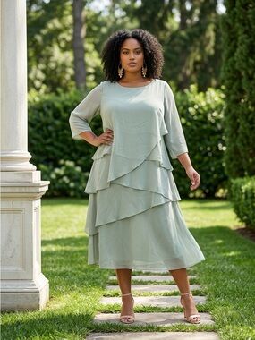 Elegant Layered Midi Dress in Sage Green